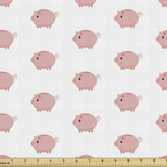 Ambesonne Pig Fabric by the Yard Upholstery, Piglets with Swirling Tails, 2 Yards, Pale Pink White