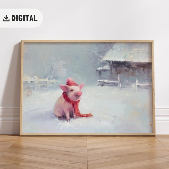Pig Farmhouse Art Poster: Farm Animal Cottagecore Snow Wall Decor, Unframed Poster Size 8x12
