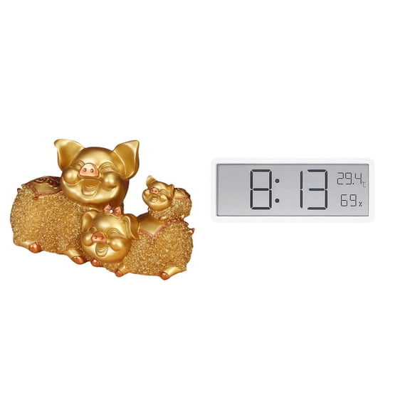 Pig Figurine Animal Statue Digital Wall Clock Resin Large Display Multifunctional for Office Shelf Bedroom