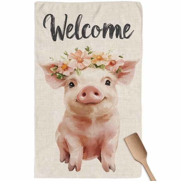 Pig Flower Garland Kitchen Towel Dish Cloths Set of 1, Microfiber Soft Kitchen Hand Towels, Farm Animal Cottagecore Blooms Floral Absorbent Quick Drying Dishcloths 18 x 28 Inches