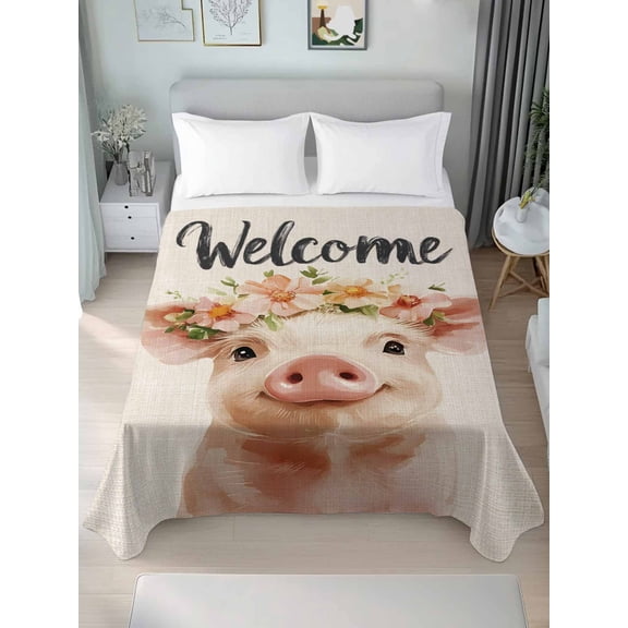 Pig Flower Garland Twim Size Flat Sheet, Wrinkleproof & Fadeproof Cooling Flat Bed Sheet Only, Farm Animal Cottagecore Blooms Floral Breathable Soft Bedding Top Sheets 66 x 96 Inches