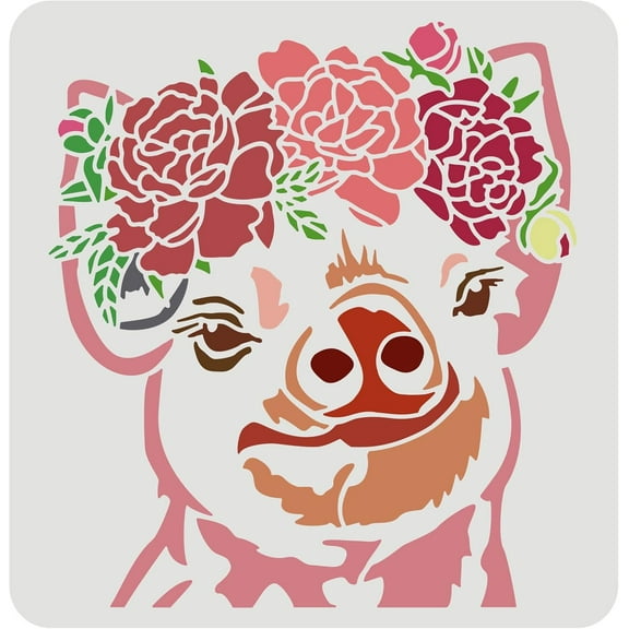 Pig and Flower Stencil 11.8x11.8inch Reusable Pig Pattern Stencil for Painting DIY Craft Farm Animal Decoration Stencil for Painting on Paper Wood Tile Wall Fabric colorful