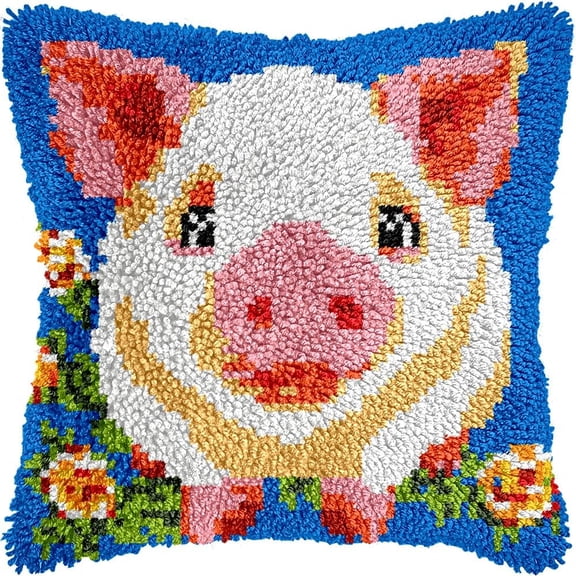 Pig & Flowers Latch Hook Kits Pillow DIY Pillowcase Crochet Hook Cushion Making Kits with Preprinted Pattern Canvas Instruction Yarns Pillow Cover Easy Starter DIY Crochet Kits 43x43cmf85)