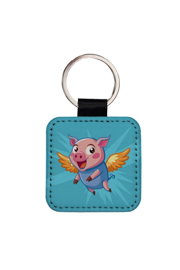 Pig Flying Silly Funny Faux Leather Square Keychain