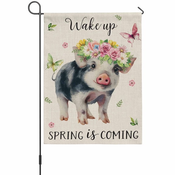 Pig Garden Flag 12 x 18 Inches, Watercolor Spring Pink Yellow White Floral Wreath Butterfly Linen Texture Weather Proof Outdoor Patio Flags Double Sided Small Garden Decoration for Yard Outside Home