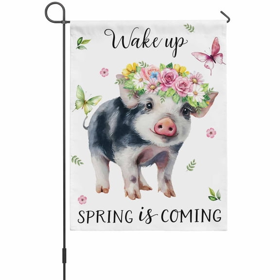 Pig Garden Flag 12 x 18 Inches, Watercolor Spring Pink Yellow White Floral Wreath Butterfly Weather Proof Outdoor Patio Flags Double Sided Small Garden Decoration for Yard Outside Home