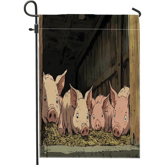 Pig Garden Flag 12x18 Inch Double Sided Canvas Vertical Outdoor Farm Cartoon Scenic Front Yard Backyard Lawn Flag