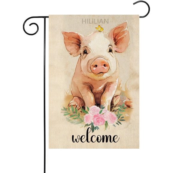 Pig Garden Flag Welcome Pink Rose Premium Animal Art Painting Double Sided Yard Flag Holiday Party Flag Outdoor Farmhouse Decor Home Porch Flags 12 x 18 Inch(982)
