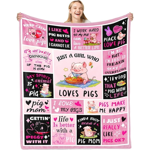 Pig Gifts for Pig Lovers,Pig Gifts for Women Girls, Pig Blanket, Just a Girl Who Loves Pigs, Pig Decor Pig Stuff, 60x50 Inch Soft Cozy Plush Fleece Fuzzy Pink Pig Flannel Blankets for Couch Sofa Bed