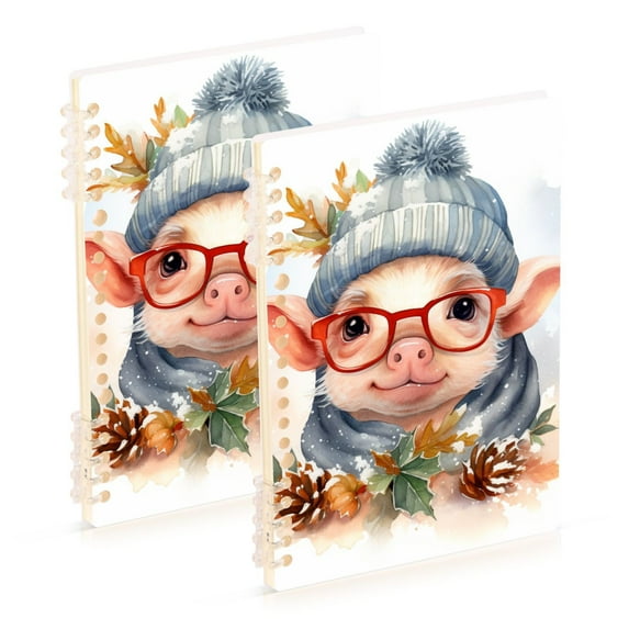 Pig Glasses Pines Leaves Ring Binder Notebook Journey Note Diary College Ruled Spiral Notebook Study Loose Leaf Paper A5 60 Pages