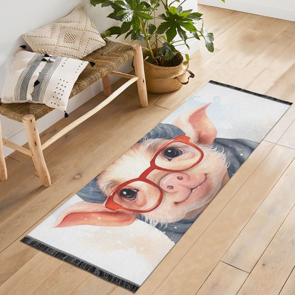 Pig Glasses Pines Leaves Runner Rug Machine Washable Area Rugs Carpet Non Slip Entryway Mat for Bedroom Entryway Front Door