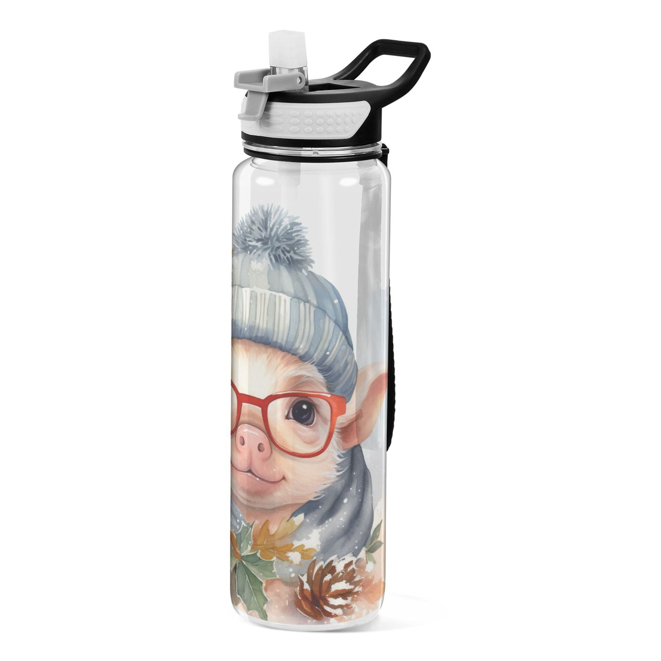 Pig Glasses Pines Leaves Sports Water Bottle Portable Travel Mug 32oz BPA Free Leak Proof Straw Transparent Tritan for Gym Yoga Cycling Camping