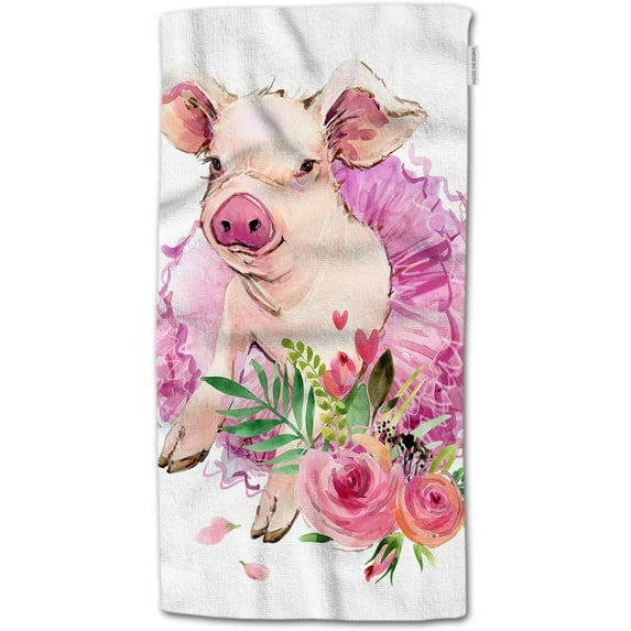 Pig Hand Towels Cute Farm Animal Piggy with Pink Ballerina Dress Flowers Leaves Soft Hand Towel for Bathroom Kitchen Yoga Gym Decorative Towels 15"X30"