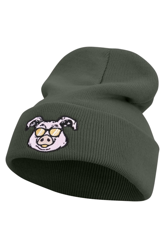 Pig Head Embroidered 12 Inch Long Knitted Beanie - Dk Grey OSFM