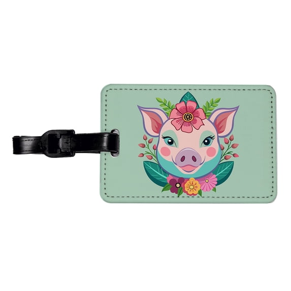 Pig Head Floral Flowers Faux Leather Travel Luggage Tag