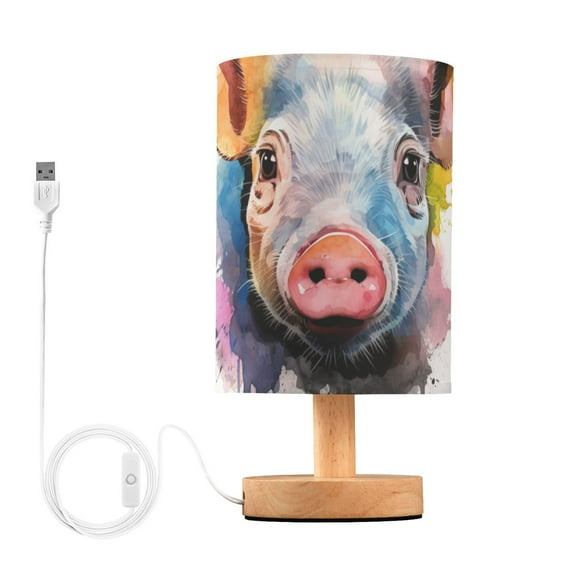 Pig Head Table Lamp USB Bedside Desk Nightstand Lamp Printed Gifts Small Lamp Wood Base for Bedroom Living Room Kids Room College Dorm