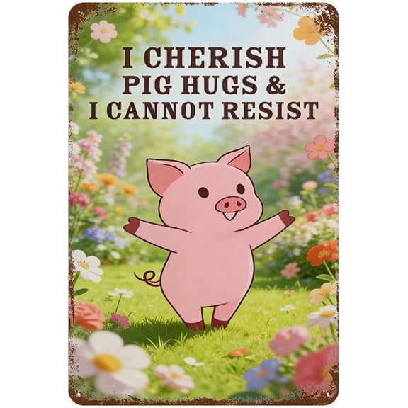 Pig Hugs Metal Tin Sign, 8x12 Inch Farmhouse Wall Art Plaque with Floral Garden Design and Whimsical Quote