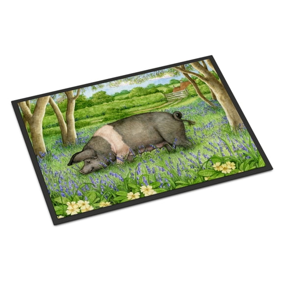 Pig In Bluebells by Debbie Cook Door Mat