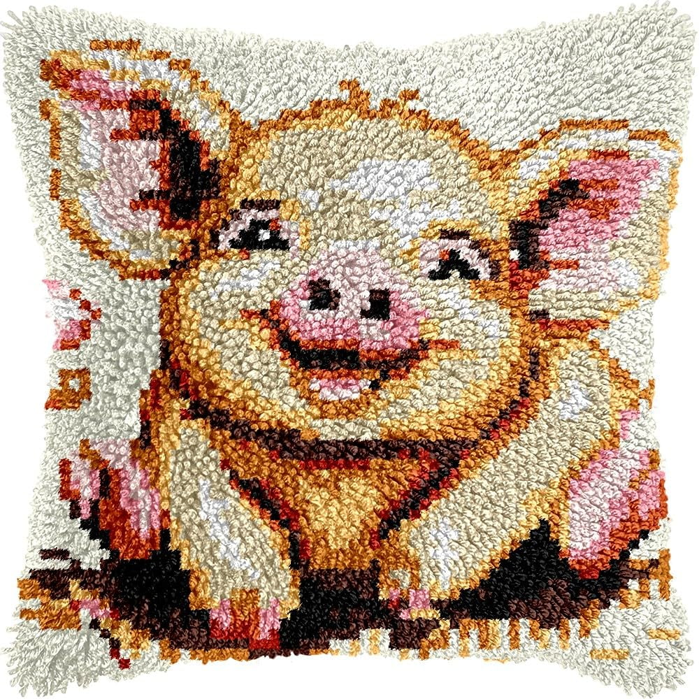 Pig Latch Hook Kits Pillow DIY Pillowcase Crochet Hook Cushion Making Kits with Preprinted Pattern Canvas Instruction Yarns Pillow Cover Easy Starter DIY Crochet Kits 43x43cm（L21)