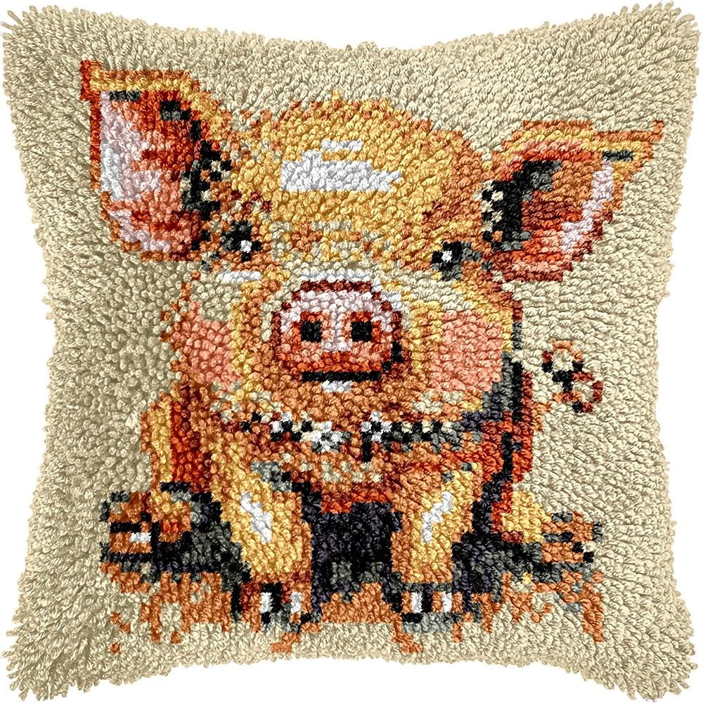 Pig Latch Hook Kits Pillow kits Cushion Throw Pillow Embroidery Craft Kits DIY Kits of DIY Hooking Pillowcase Cover Supplier with Color Printed Canvas 43x43cm (138)