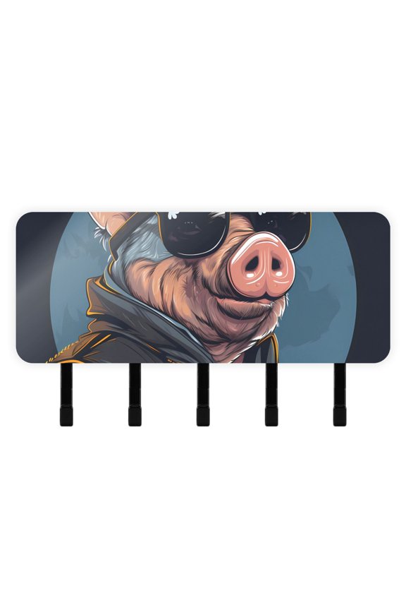 Pig Officer Sunglasses Mail Holder Organizer Wall Mount with Shelf Key Holder Key Rack with 5 Key Hooks for Wall Decorative
