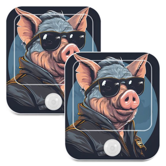 Pig Officer Sunglasses Night Lights Plug into Wall LED with Auto Light Sensor Warm Light for Kids Hallway Bedroom Living Room Kitchen Bathroom Set of 2
