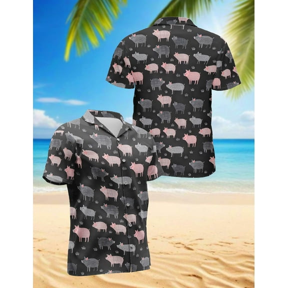 Pig Pattern Hawaiian Shirt for Men, Vintage Style, Button Down Summer Beach Short Sleeve, S-5XL