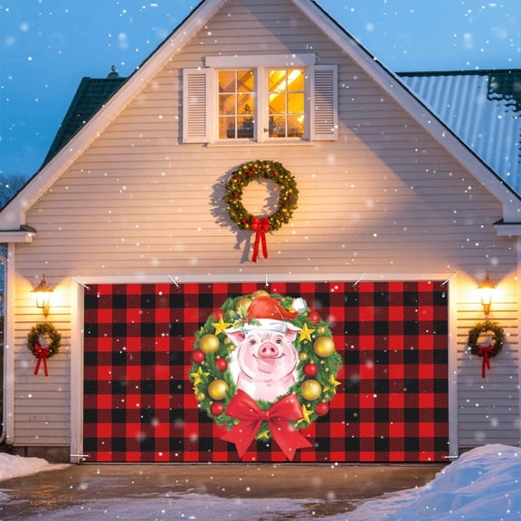 Pig Pine Needles Wreath Christmas Garage Door Decorations, 6.9x8ft Garage Door Cover Banner with Grommets, Outdoor Garage Door Backdrop Mural for Holiday Wall Decor, Xmas Ball Stars Buffalo Plaid
