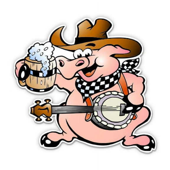 Pig Playing the Banjo Cowboy Funny - 5" Vinyl Sticker - For Car Laptop I-Pad - Waterproof Decal