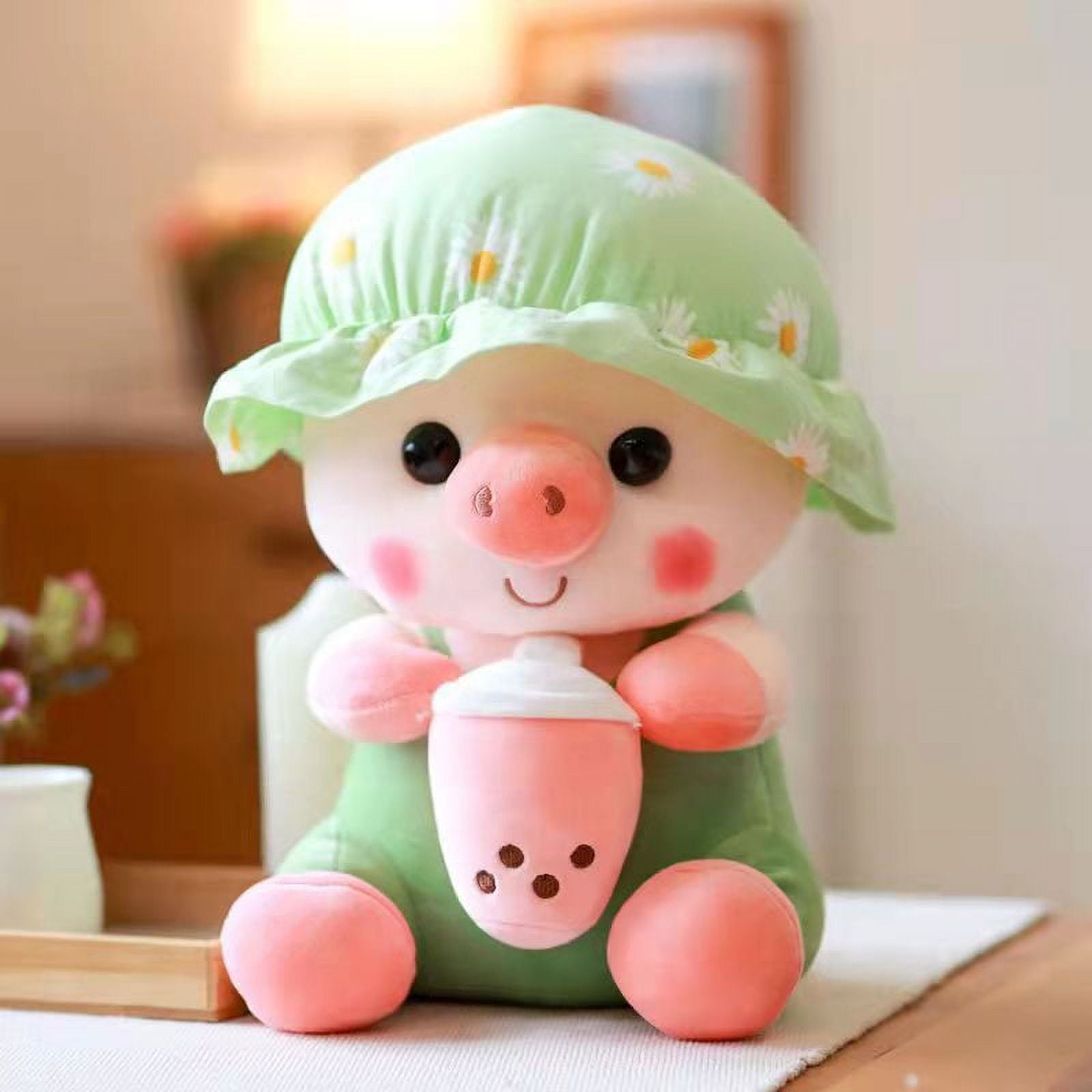 Pig Plush Doll Cartoon Pig Doll Holding Bubble Tea Cute Piggy Stuffed Toy  Cushion Ornament for Car Home Sofa 23cm 