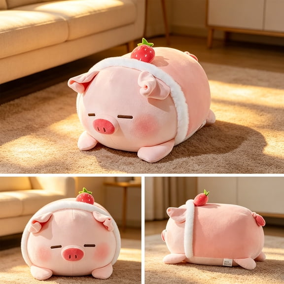Pig Plush Pillow Doll, Soft Cute Pink Pig Stuffed Animal Body Pillow Toy with Strawberry, 14" Small Plush Doll for Home Indoor Bedroom Decor, Idea Gift for Girls Kids Birthday