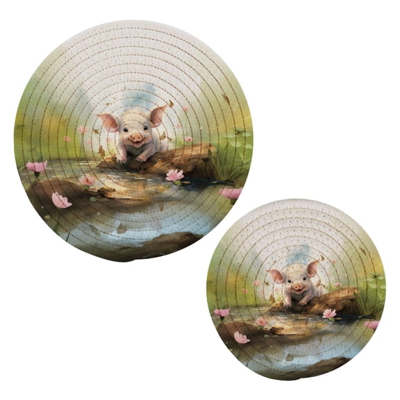 Pig Pool Stone Flowers Trivet Mats Pot Holders Cotton Woven Non-Slip Heat Resistant for Hot Pots Pans Pats for Cooking Baking Set of 2