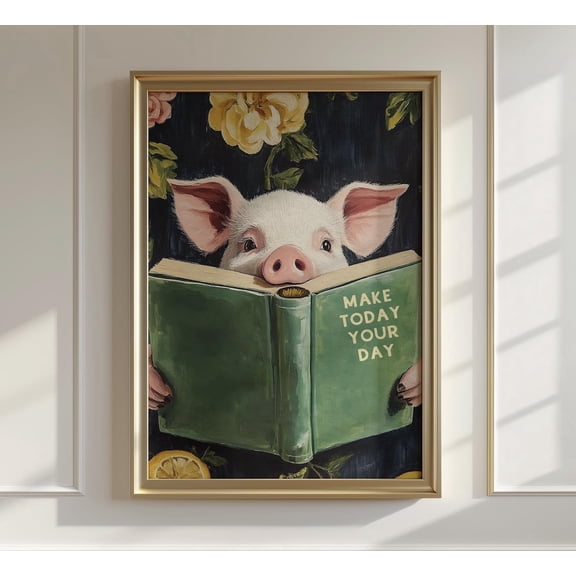 Pig Reading Book Whimsical Farmhouse Kitchen Wall Art,, Unframed Canvas 8x10in