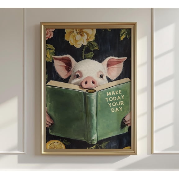 Pig Reading Book Whimsical Farmhouse Kitchen Wall Art, Unframed Paper Print Size 8x12