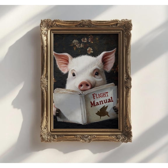 Pig Reading Flight Manual Animal When Fly Wall Art Print, Nature Inspired Living Room Decor