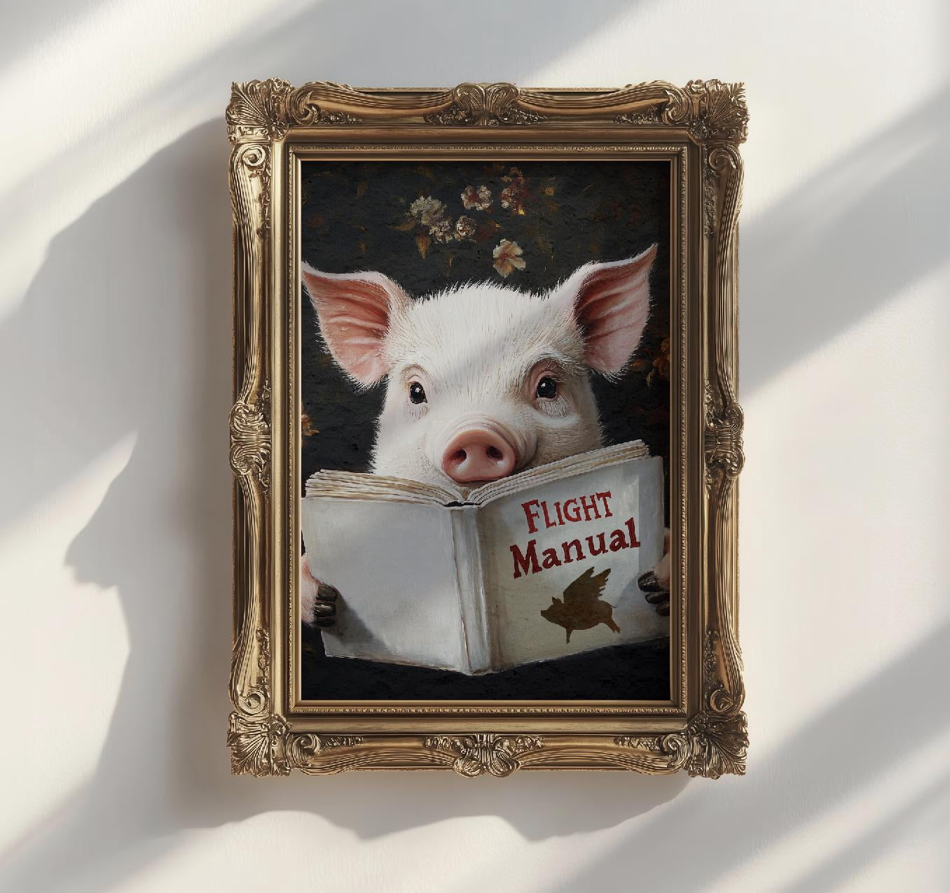 Fly Decor Pig Reading Flight Manual Art Print, Funny Animal When Pigs Fly Wall ...