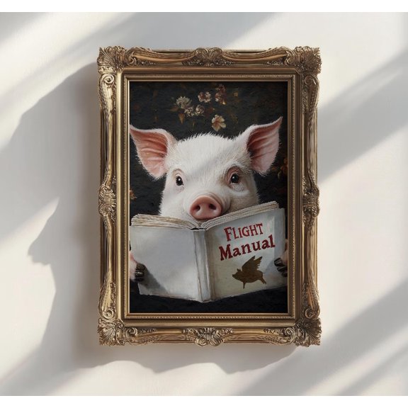 Pig Reading Flight Manual Wall Art Print, Animal Farm Decor