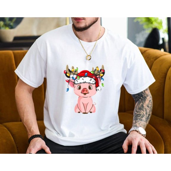 Pig Reindeer Unisex T-Shirt Christmas Lights Retro Holiday Funny Graphic Design, for men & women, up to size 5XL.