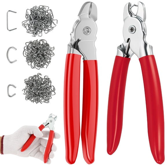 Hog Ring Pliers Kit with 300 Assorted Rings and Gloves, Heavy Duty Straight & Bent Jaw Pliers for Auto Upholstery, Pet Cages, and Fence Repair, Red
