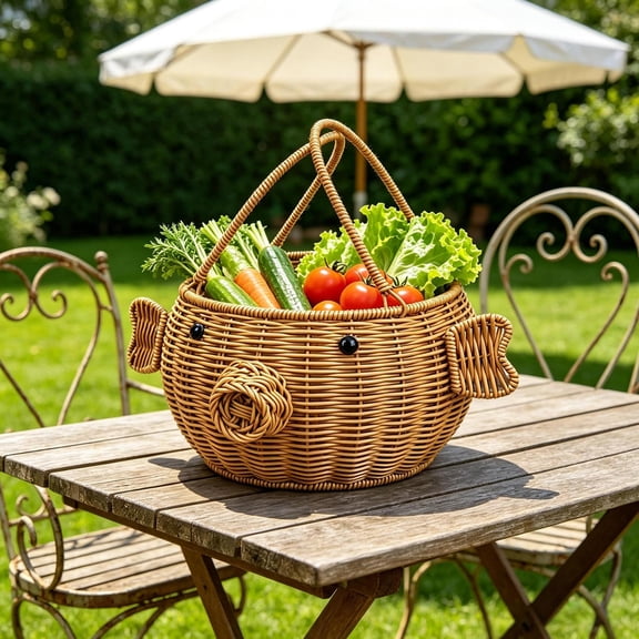 Pig Shaped Faux Wicker Carry Basket, Handwoven Market Picking Tote, Outdoor Picnic Fruit Flower Basket, Sturdy Storage Container for Garden Camping Daily Use
