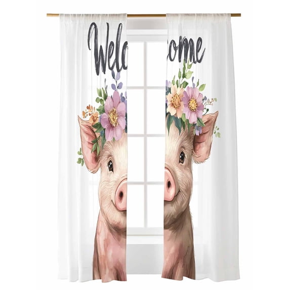 Pig Sheer Curtains 2 Panels Set Welcome Garland Lihgt Filtering Rod Pocket Voile Drape, Semi Sheer Window Curtains for Bedroom Living Room, 52"x84"