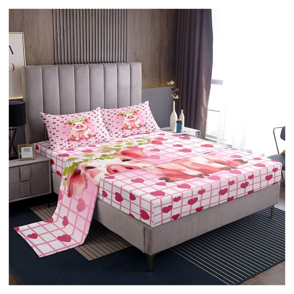Pig Sheet Set,Cherry Blossom Cartoon Bedding,Fitted & Flat Sheets,Queen Size,Pink Grid Heart Pattern,Farmhouse Room Decor Pink