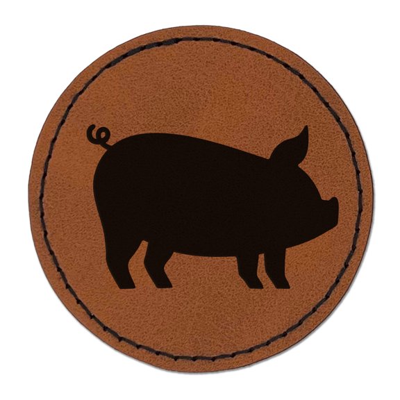 Pig Sideview Farm Animal 2.5" Faux Leather Round Engraved Iron-On Patch - Brown