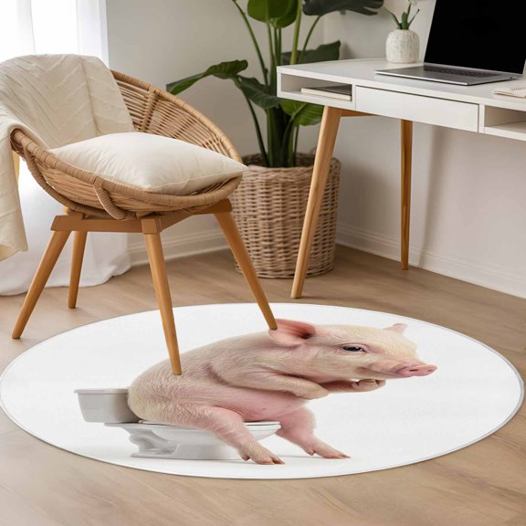 Pig Sitting on The Toilet Thinking 3.3ft Round Rug for Bedroom Reading Corner, Abstract Funny Animal Washable Non Slip Circle Area Rug