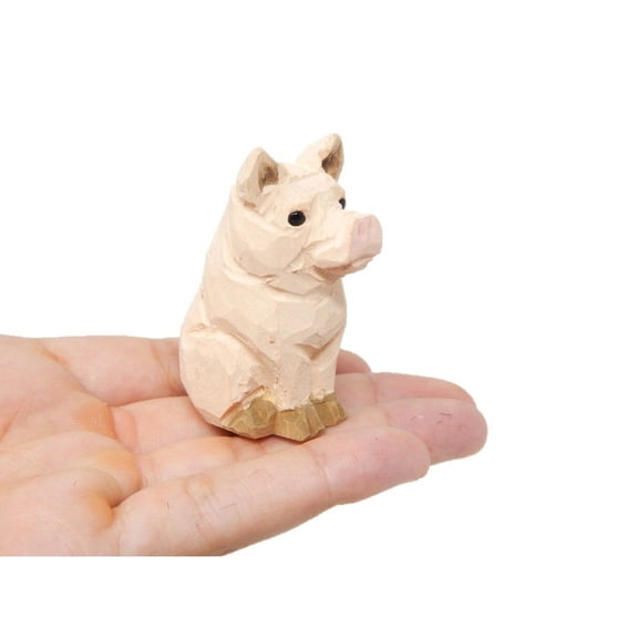 Pig - Small Wooden Figure - Miniature Barn Animal Toys Hand Carved Home Decor Folk Ornament Ranch Minifigure Pink
