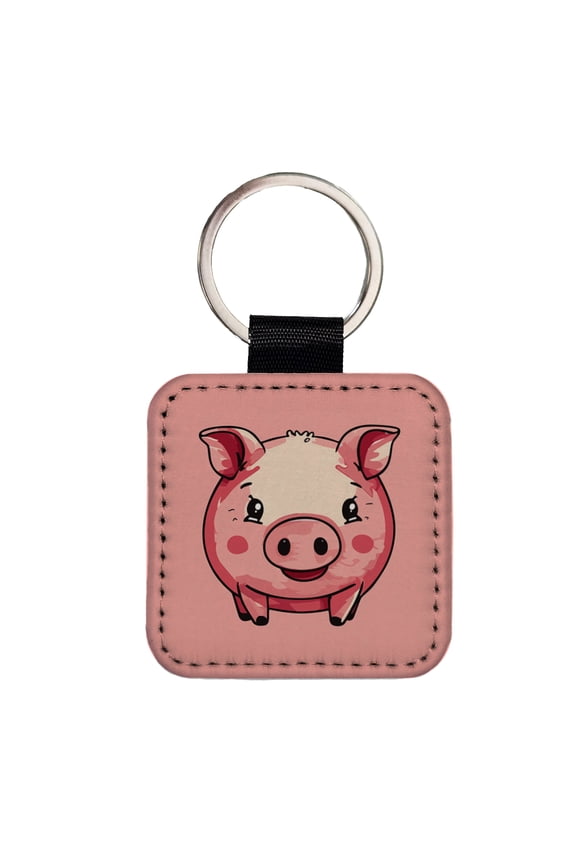 Pig Smiling Standing Faux Leather Square Keychain