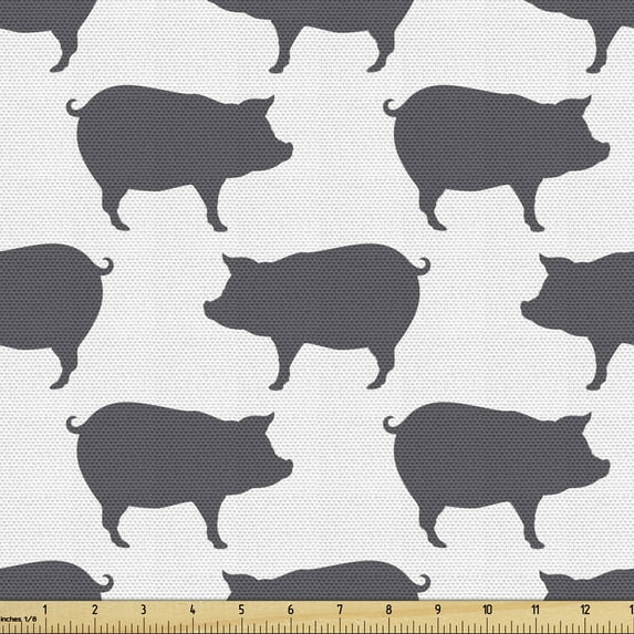 Pig Sofa Upholstery Fabric by the Yard, Continuous Pig Animal Silhouette Pattern Domestic Mammal Husbandry Concept, Decorative Fabric for DIY & Home Accents, 1 Yard, Charcoal Grey White by Ambesonne