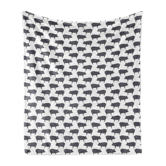 Pig Soft Flannel Fleece Blanket, Continuous Pig Animal Silhouette Pattern Domestic Mammal Husbandry Concept, Cozy Plush for Indoor and Outdoor Use, 50" x 60", Charcoal Grey and White, by Ambesonne
