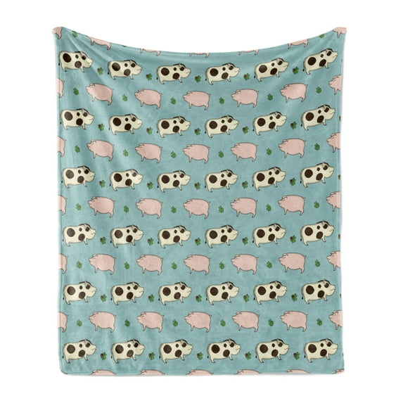 Pig Soft Flannel Fleece Throw Blanket, Doodle Pattern with Pig Boar and Oak Twig on Blue Background in Cartoon Style, Cozy Plush for Indoor and Outdoor Use, 70" x 90", Multicolor, by Ambesonne