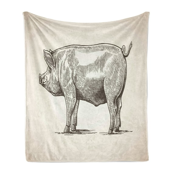 Pig Soft Flannel Fleece Throw Blanket, Vintage Hand-Drawn Illustration of Pig Rural Ranch Stockbreeding Theme, Cozy Plush for Indoor and Outdoor Use, 60" x 80", Eggshell and Dark Taupe, by Ambesonne